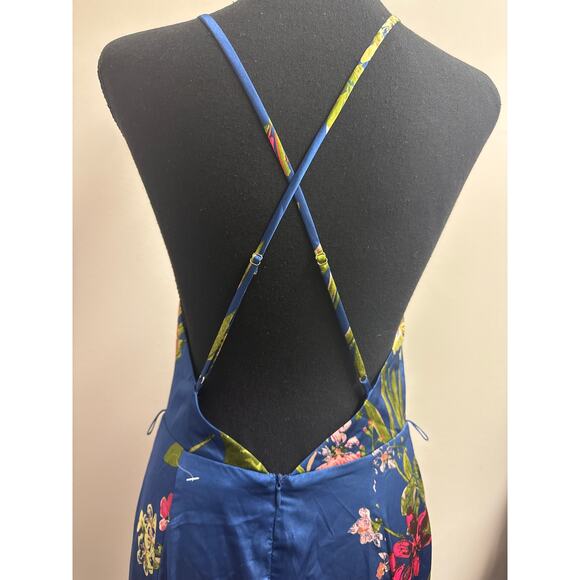 Lulu's Blue Floral Faux Wrap Formal Satin-like Prom Maxi Dress, Low Back SZ MED - Picture 4 of 5